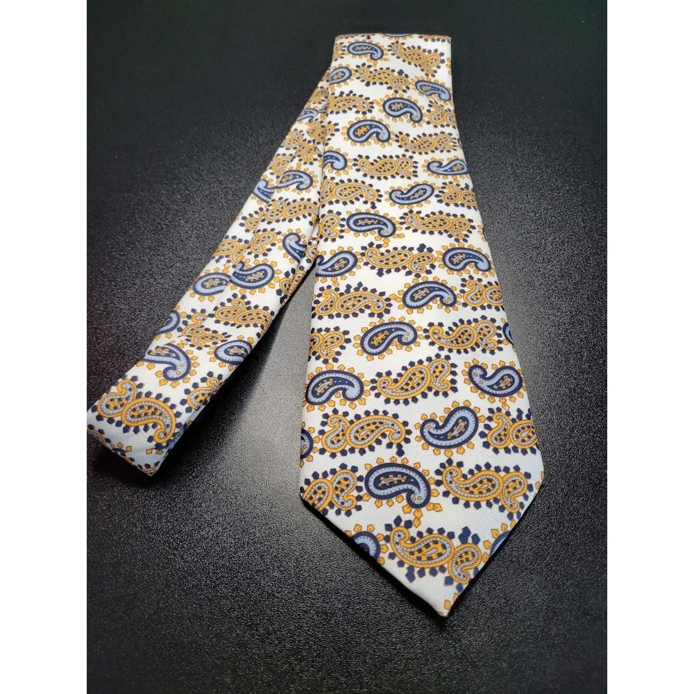 Christian Dior Men's Necktie White Blue Yellow Paisley Silk 3.75